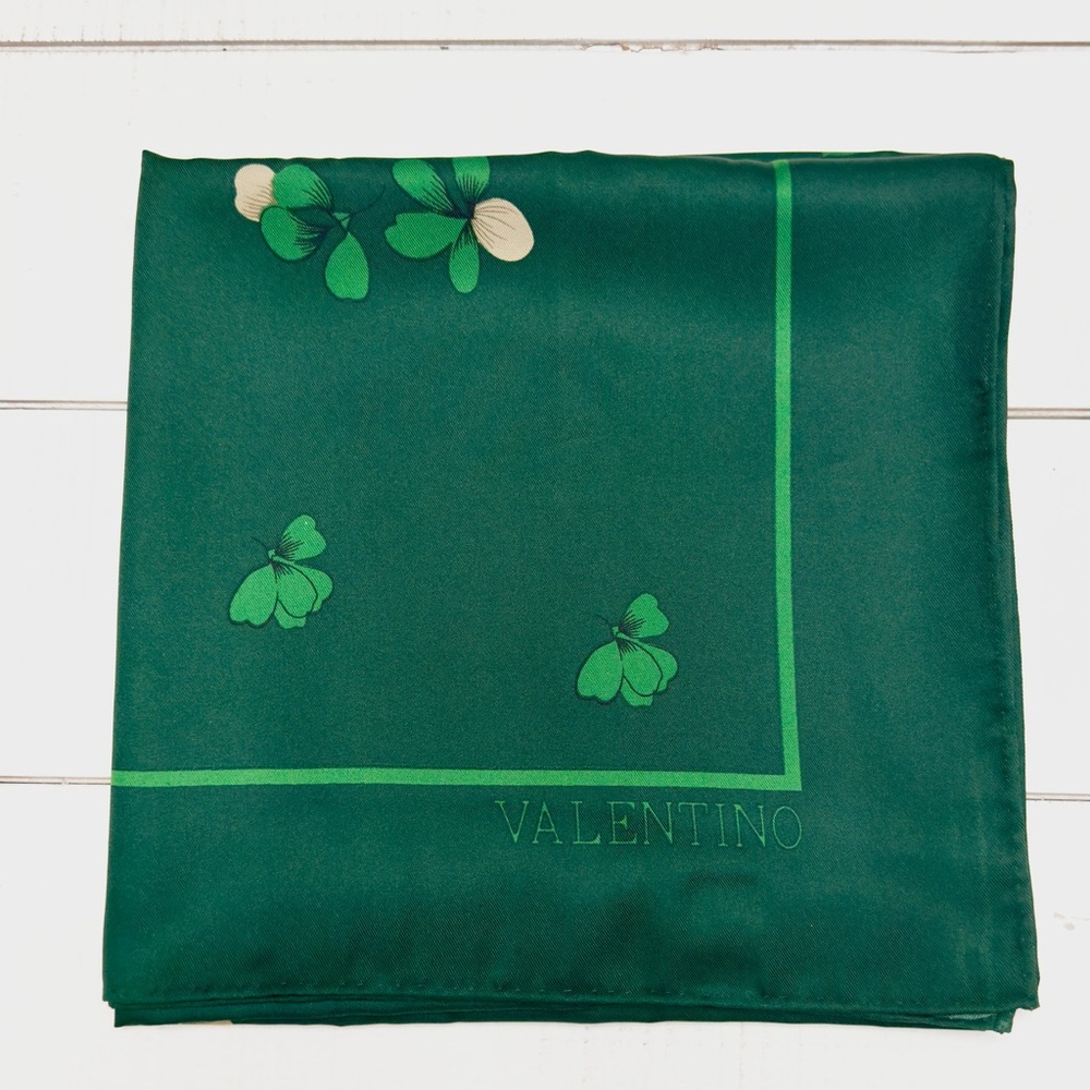 Vintage Valentino Green Silk Floral Butterfly Scarf